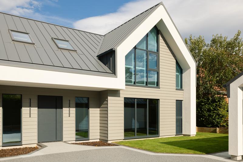Side view of modern home with skylights